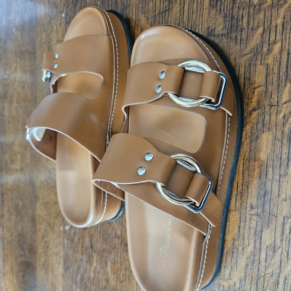 Tan Double Strap Sandals with Silver Buckles, Phillip Lim 3.1
